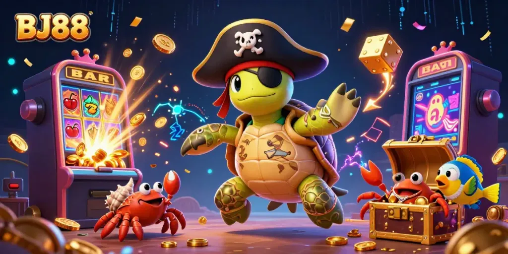 Engage in thrilling casino adventures with BJ88's vibrant 3D illustration showcasing a pirate turtle and treasure.