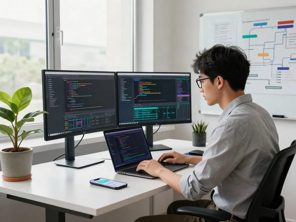 Engineer coding on dual monitors in a modern workspace with vibrant data visuals for pecah404.