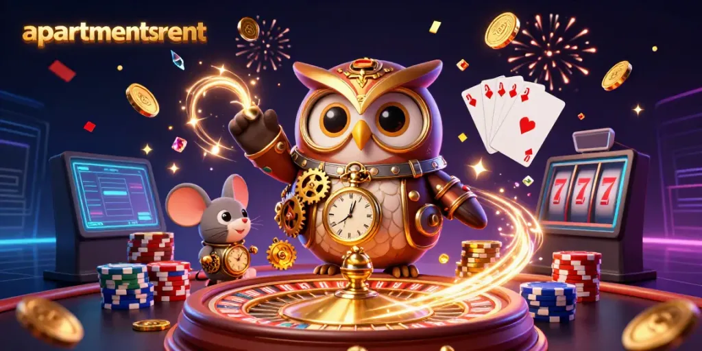 Permainan slot di apartmentsrent dengan simbol keberuntungan dan koin berkilau.