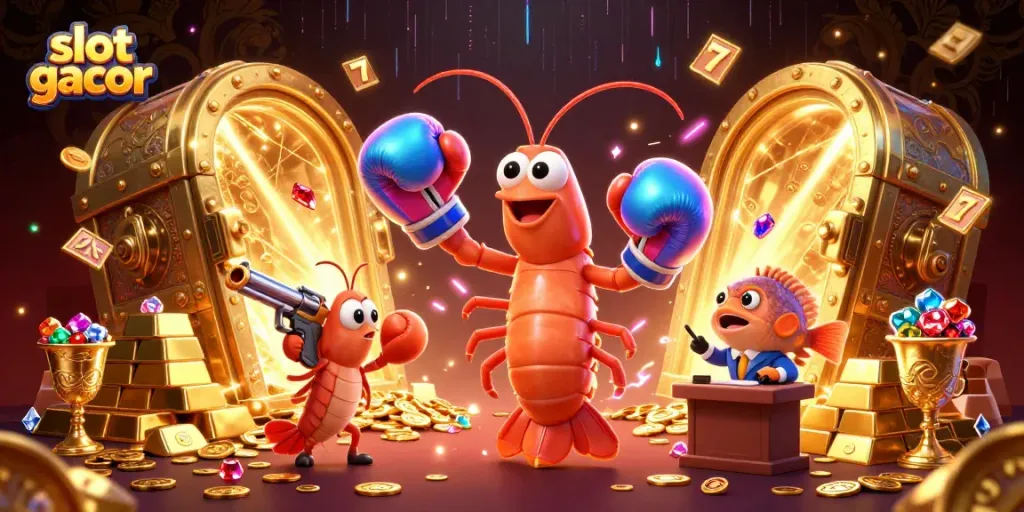 Experience the thrill of slot gacor with vibrant shrimp characters amidst gold treasures and reels.
