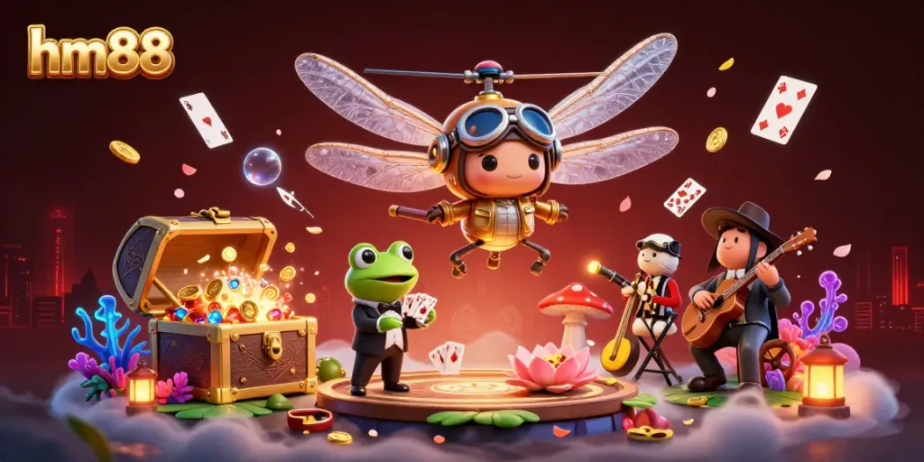Experience the excitement of hm88 with a dragonfly helicopter pilot overseeing a lively lily pad casino.