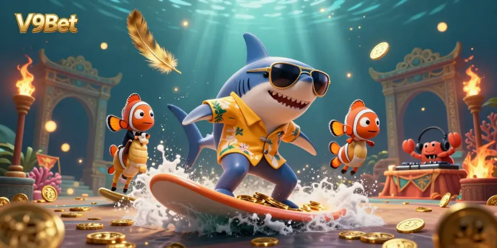 Experience exhilarating gaming at V9Bet, featuring vibrant 3D sharks and a captivating underwater casino atmosphere.