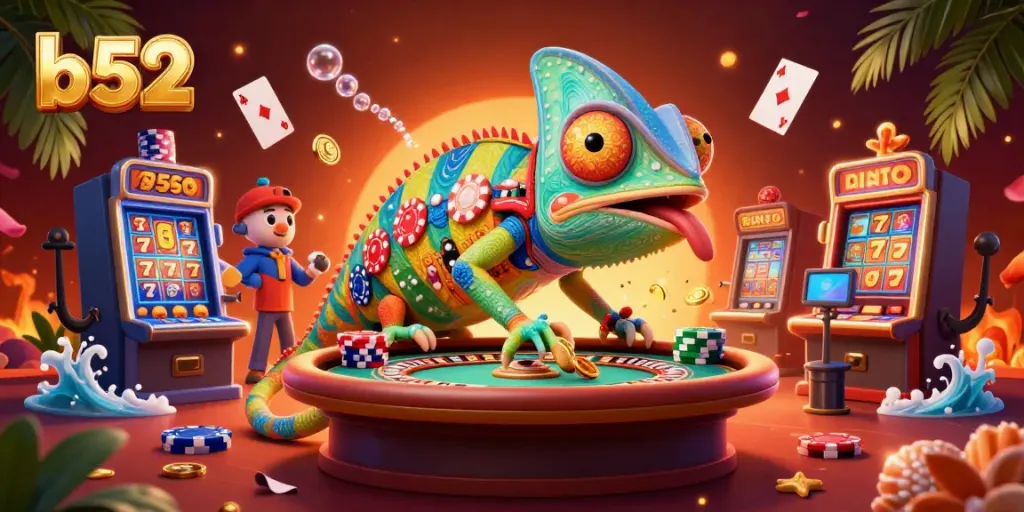 Experience thrilling moments at b52 with colorful chameleon casino actions amidst floating cards.