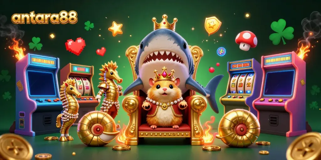 Experience thrilling gameplay at antara88 with colorful slot machines and a fierce hamster king.
