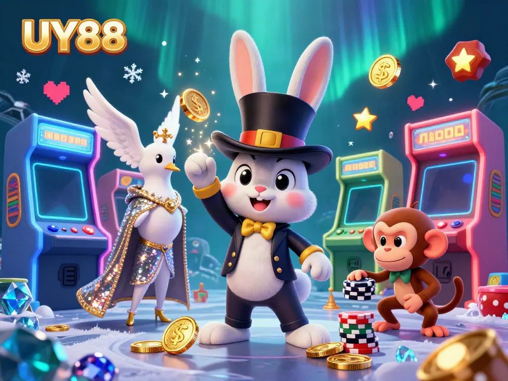 Experience the thrill with UY88's exciting 3D cartoon scene of a magician rabbit and friends winning coins.