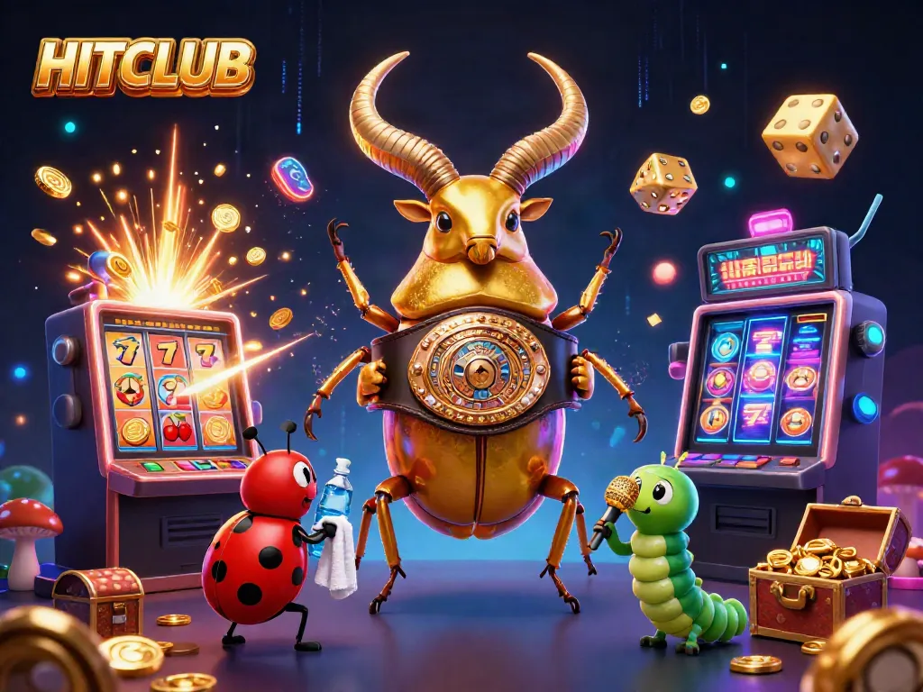 Experience the excitement of HITCLUB with bright casino elements and engaging characters in a vibrant 3D illustration.