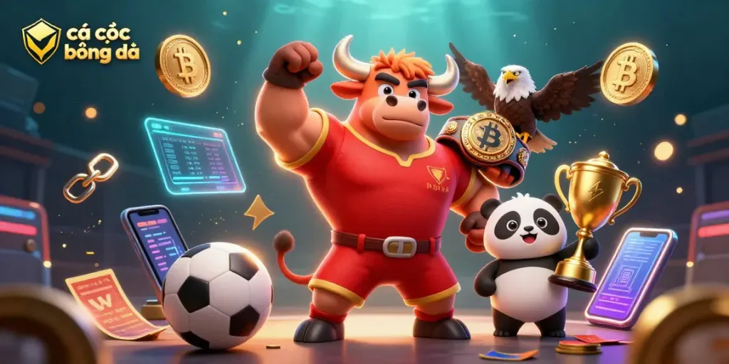 Engage in cá cược bóng đá betting strategies with vibrant sports mascots and dynamic gaming elements