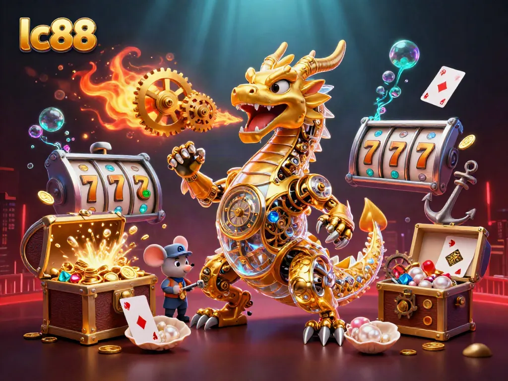 Engage in the excitement of lc88 with a stunning 3D dragon breathing golden gears amidst a vibrant casino scene.