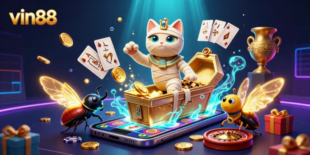 Engage with vin88 featuring a lively 3D scene of a mummy cat and scarab beetle in a vibrant casino environment.
