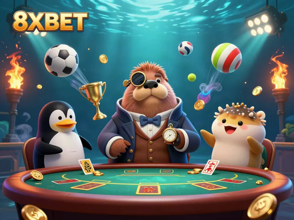 Engage with 8XBET at an underwater poker game featuring a walrus, penguin dealer, and pufferfish.