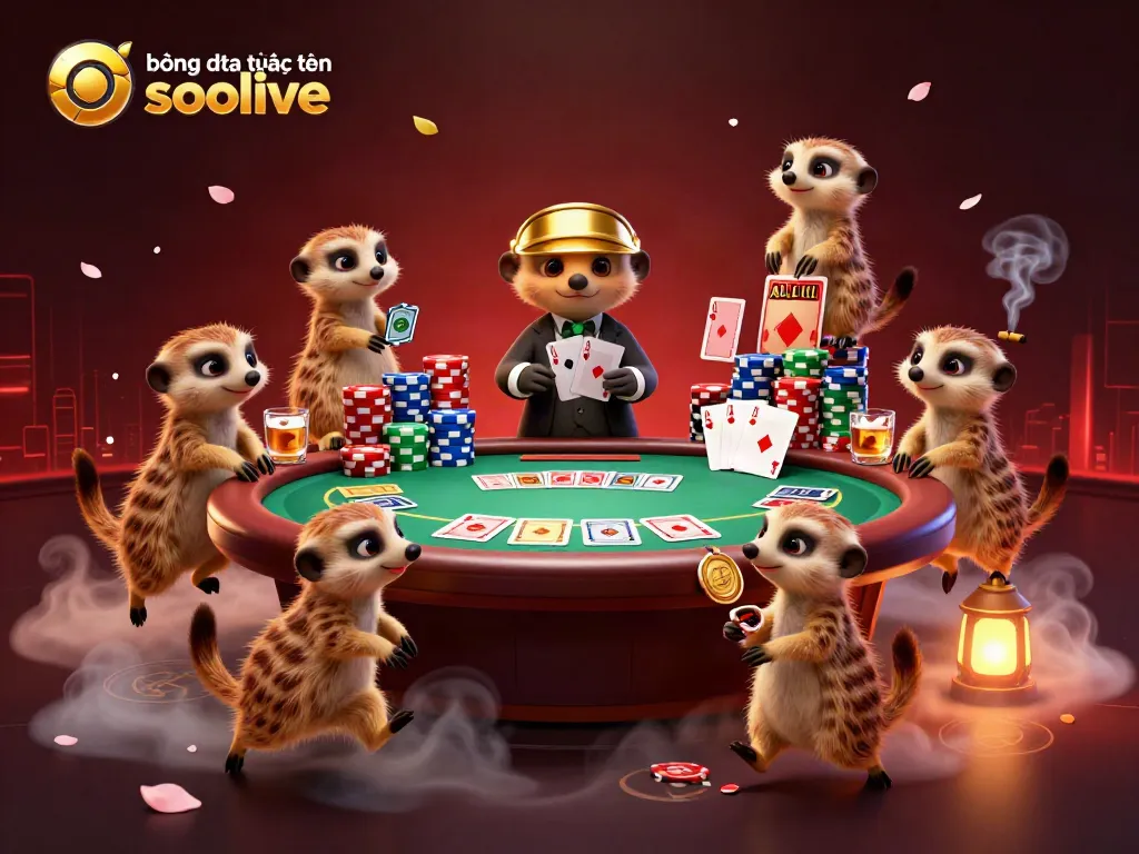 Engage in bóng đá trực tuyến socolive action with meerkats hosting a lively casino scene, showcasing vibrant poker elements.