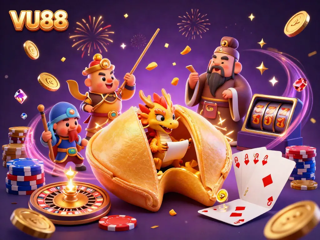 Experience exciting wins at VU88 with vibrant scenes of games, sparkling coins, and festive dragons.
