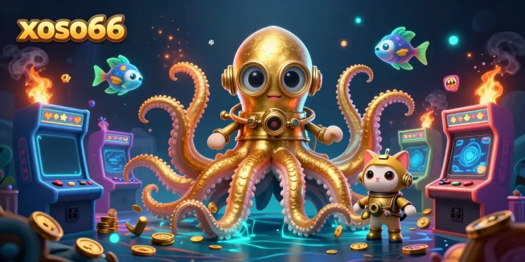 Experience the excitement of xoso66 with a cartoon kraken and diving cat in a vibrant casino-themed illustration.