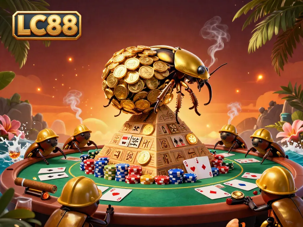 Experience exciting gaming at LC88 with golden coins, vibrant poker chips, and a lively casino ambiance.