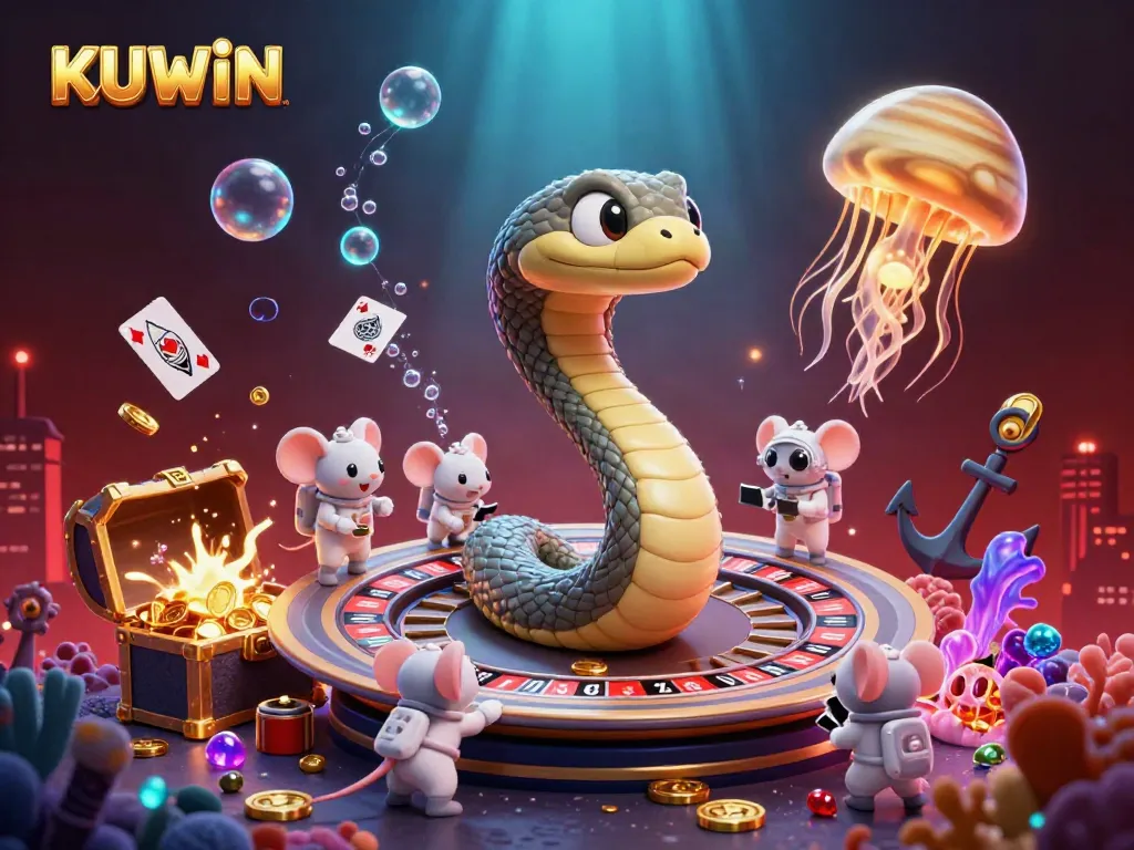 Experience excitement at KUWIN Casino with a vibrant 3D gaming scene in outer space.