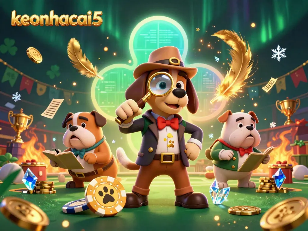 Engaging keonhacai5 casino-themed illustration featuring a detective dog and bulldog amid vibrant sports betting elements.