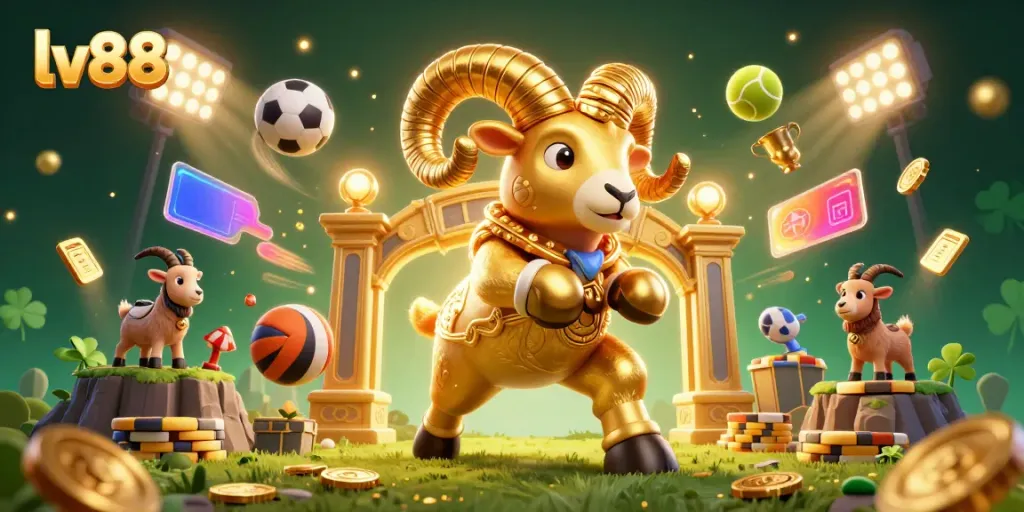 Experience the excitement of lv88 as a golden ram rushes through a dynamic casino landscape filled with action.