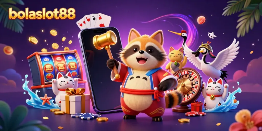 Engage with exciting gameplay featuring bolaslot88, illustrated by cheerful characters amidst vibrant slot game elements.