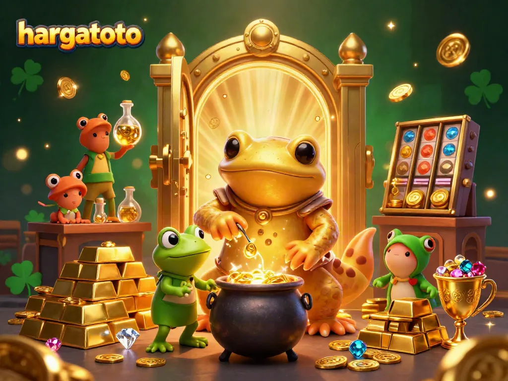 Experience thrilling gaming at hargatoto with a vibrant 3D scene of fortune and wealth.