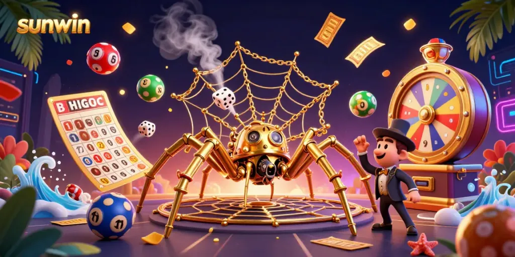 Engaging gameplay scene featuring sunwin with a steampunk spider, golden chains, poker chips, and vibrant lottery balls.