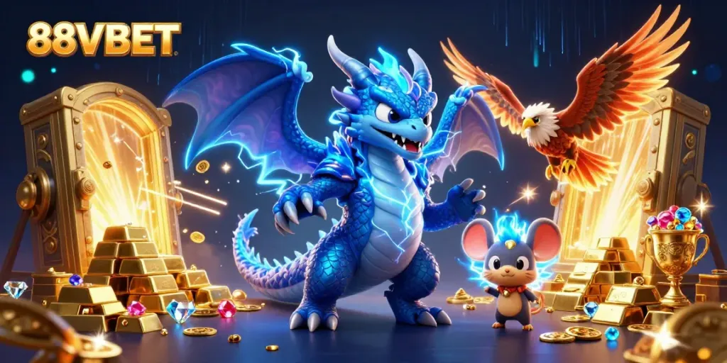 Experience thrilling excitement with 88VBET's vibrant casino adventure scene featuring dynamic characters and treasures.