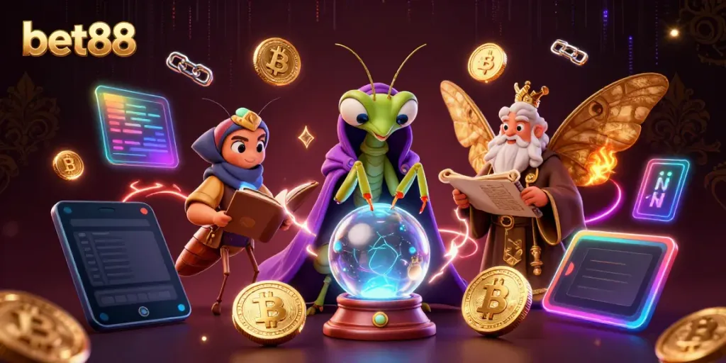 Engage in the mystical realm of bet88 with a fortune teller and golden-winged librarian amidst vibrant casino elements.