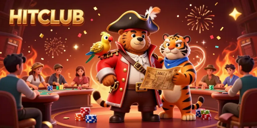 Engage in exciting gaming with HITCLUB as dynamic characters celebrate around a vibrant casino atmosphere.