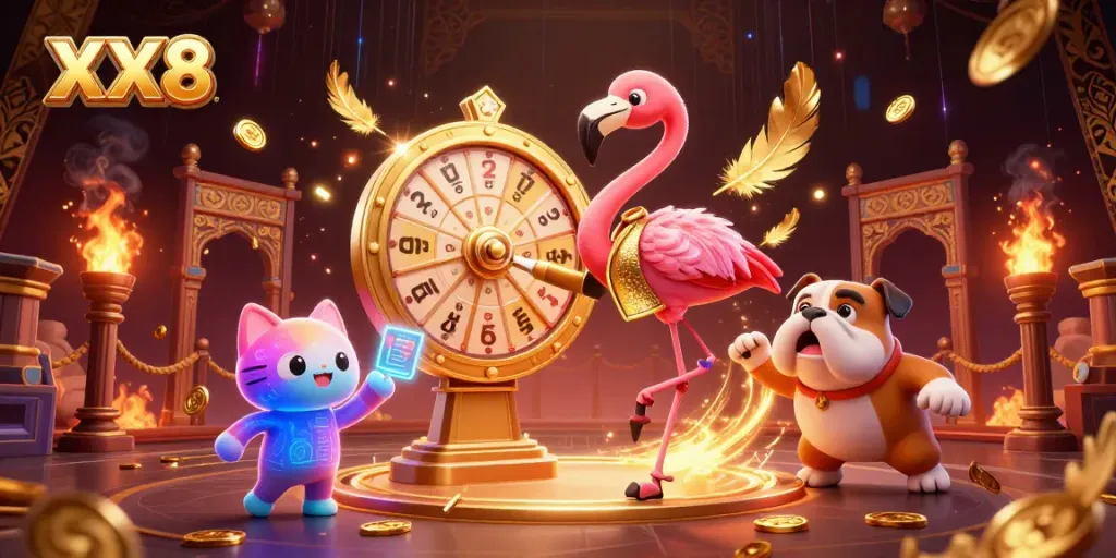 Engaging XX8 game show scene featuring a flamingo host, bulldog contestant, and scoreboard cat.