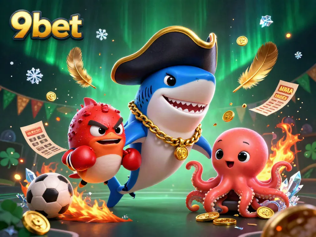 Bet with 9bet’s exciting characters: a shark, pufferfish, and octopus in a sports betting scene.