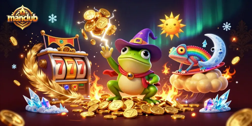 Experience the excitement of manclub with a whimsical illustration of a wizard frog and vibrant characters amidst golden coins and casino elements.