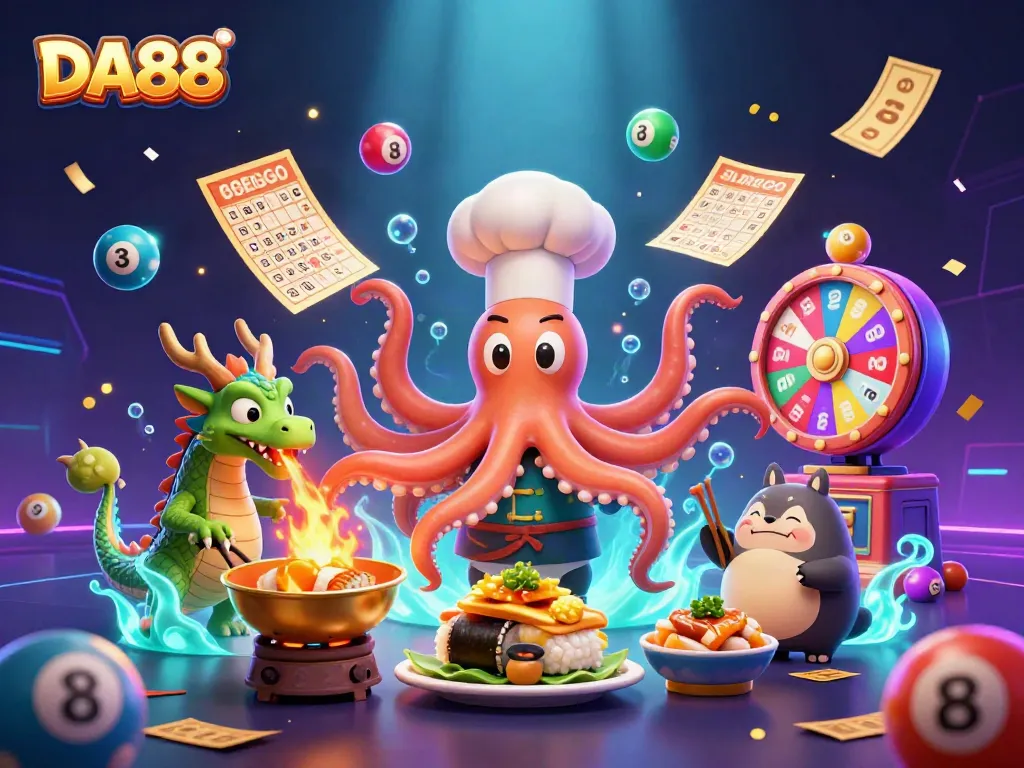 Win big at DA88 with an exciting illustration featuring a sushi chef octopus, a dragon, and a tanuki enjoying games.