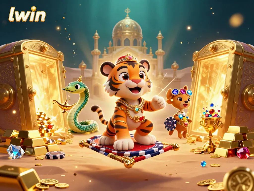 Experience thrilling gameplay at llwin with a stunning treasure-filled scene featuring a sultan and genie in a casino fantasy.