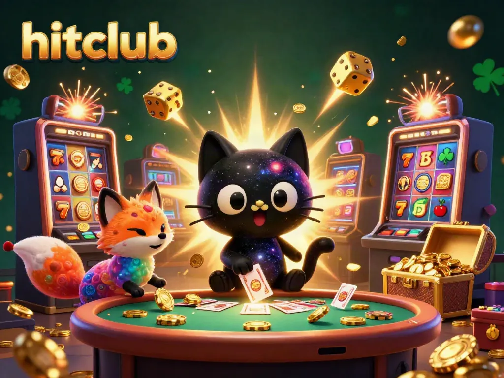 Engage with hitclub as a cosmic black hole cat draws in chips and cards while gaming excitement bursts around it.