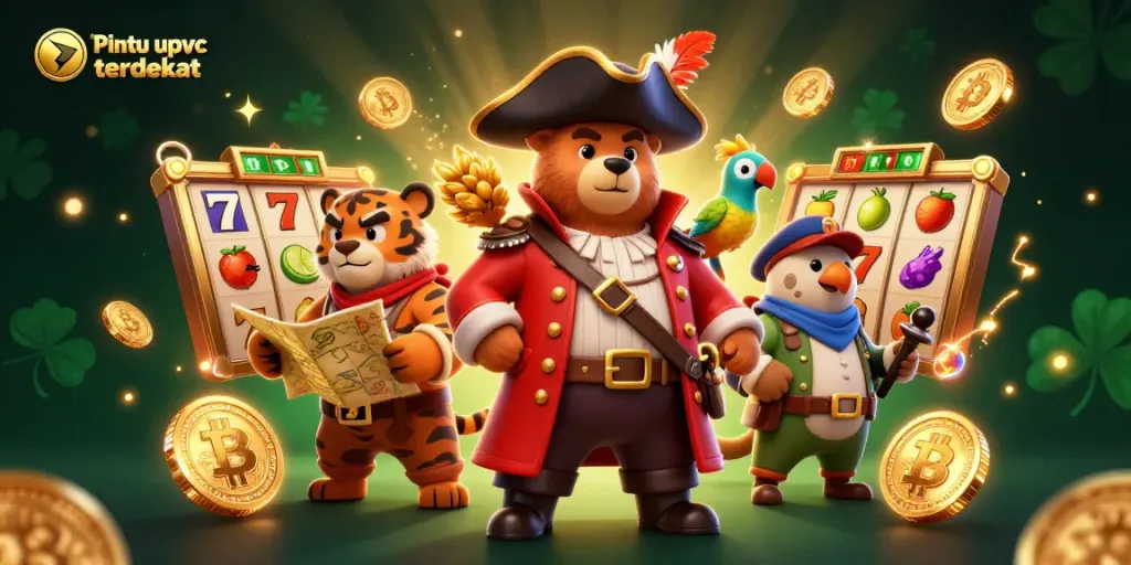 Catch exciting winnings with Pintu upvc terdekat illustrated scene showcasing vibrant slot reels, cartoon characters, and casino elements.