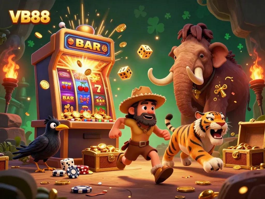 VB88 showcases a dynamic prehistoric casino scene with cartoon characters, slot machines, and vibrant elements.