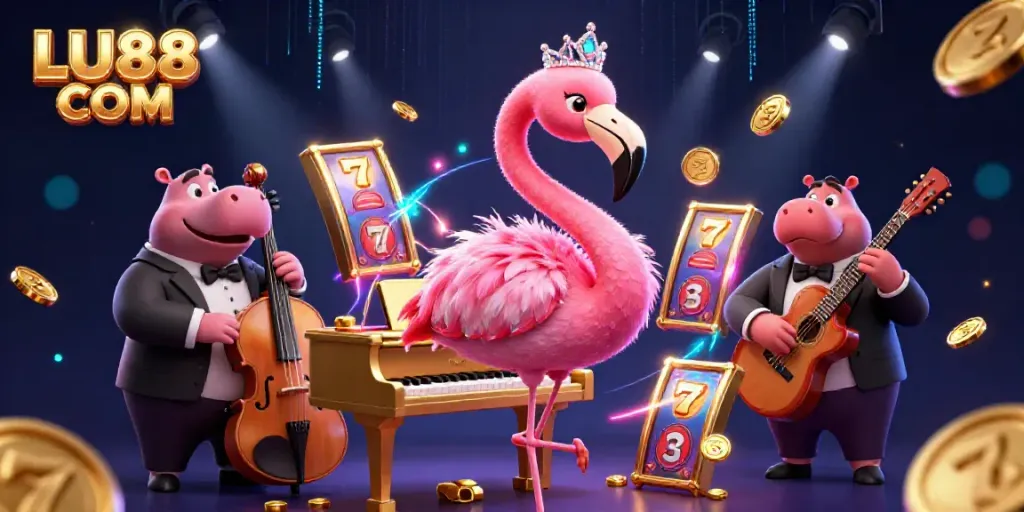 Engaging illustration of LU88 COM featuring a flamingo singer at a golden piano with lively casino elements.