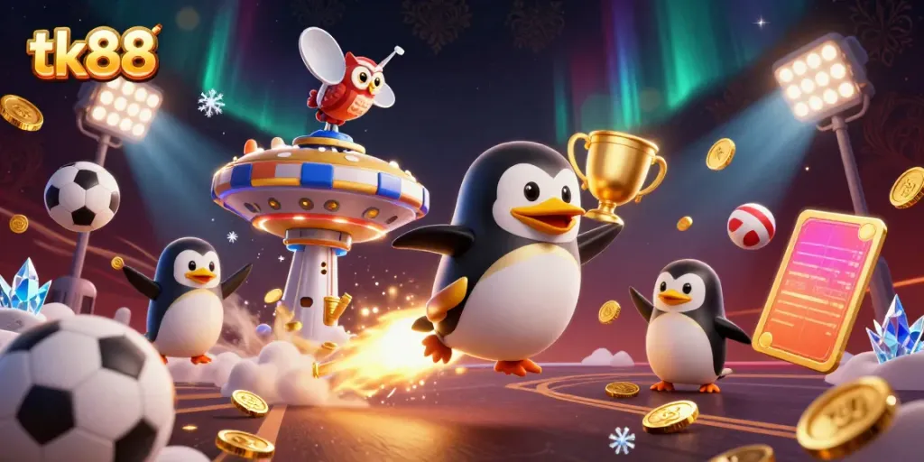 Engage with tk88 and win big alongside a golden penguin and glowing casino elements in space.