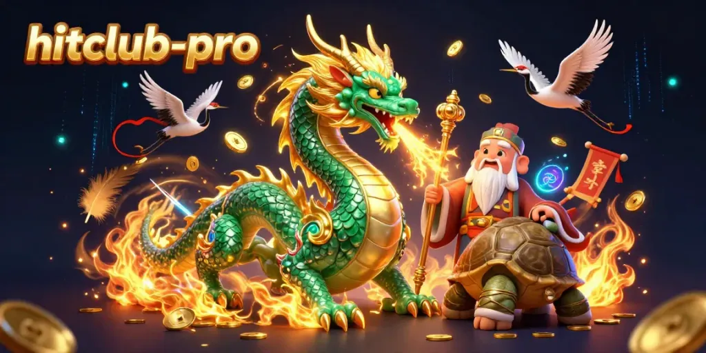 Engage in gaming excitement at hitclub-pro with a rich 3D illustrated scene featuring a jade dragon and lucky cranes.