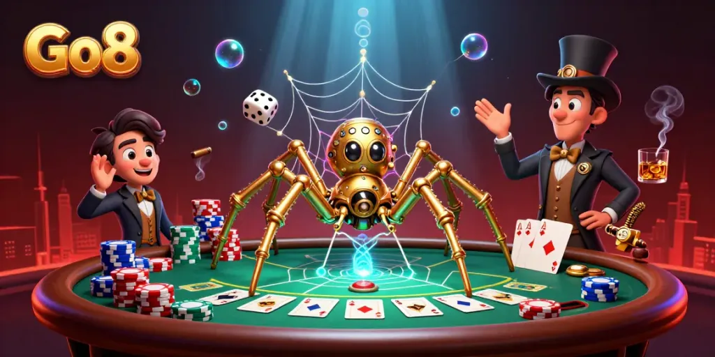 Go8's thrilling casino scene with steampunk spider and golden poker elements.