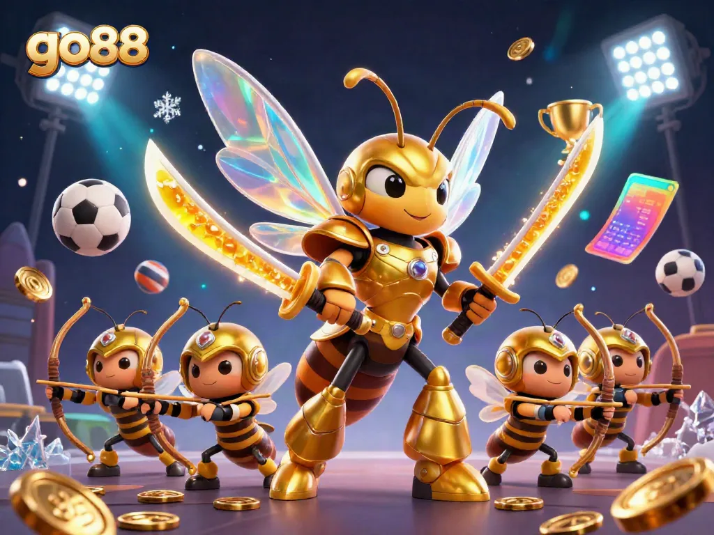 Experience the excitement of go88 with a 3D cartoon golden hornet samurai surrounded by vibrant casino elements.