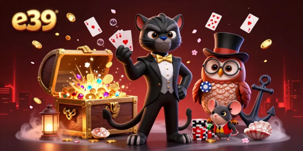 Engage in thrilling casino action at e39 with a stylish panther dealer, poker owl, and lucky mouse.