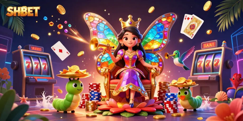 Experience unparalleled thrills at SHBET with a vibrant casino-themed illustration showcasing our butterfly queen and gaming elements.