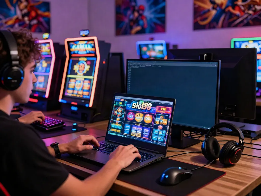 Engaged user playing slot88 online in a vibrant gaming setup.