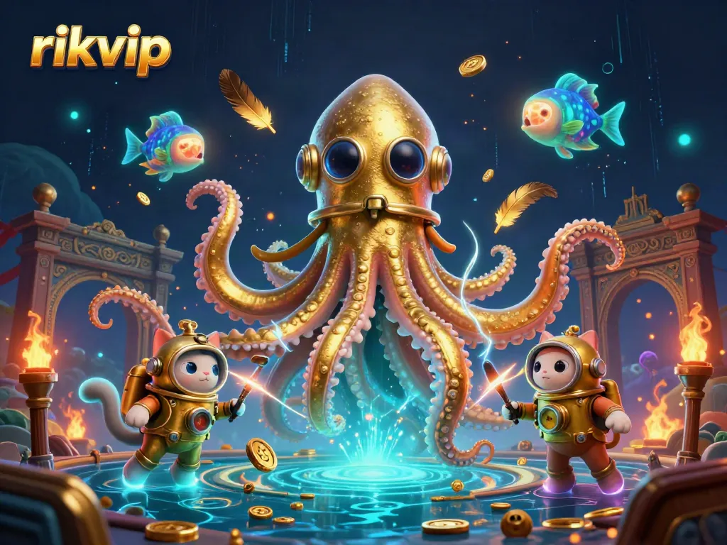 Enjoy thrilling game action at rikvip with a colossal kraken and diving cat in an exciting casino scene.