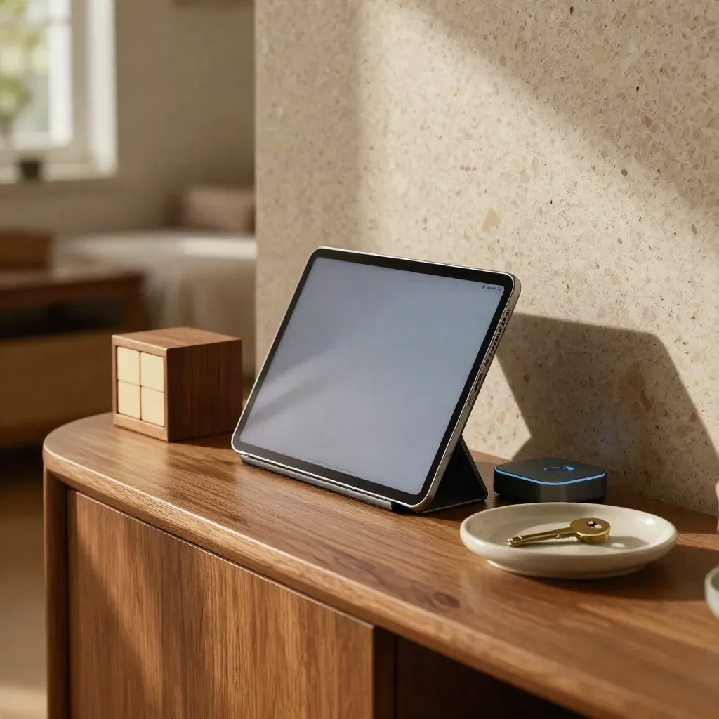 Tablet, kostka kalendarza i stacja ładowania w domowym kąciku rodzica, w ciepłym świetle