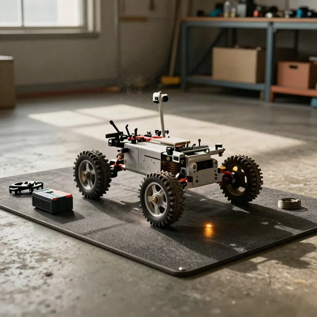 Rover po próbie na macie testowej, wokół części robocze i lekki pył warsztatowy