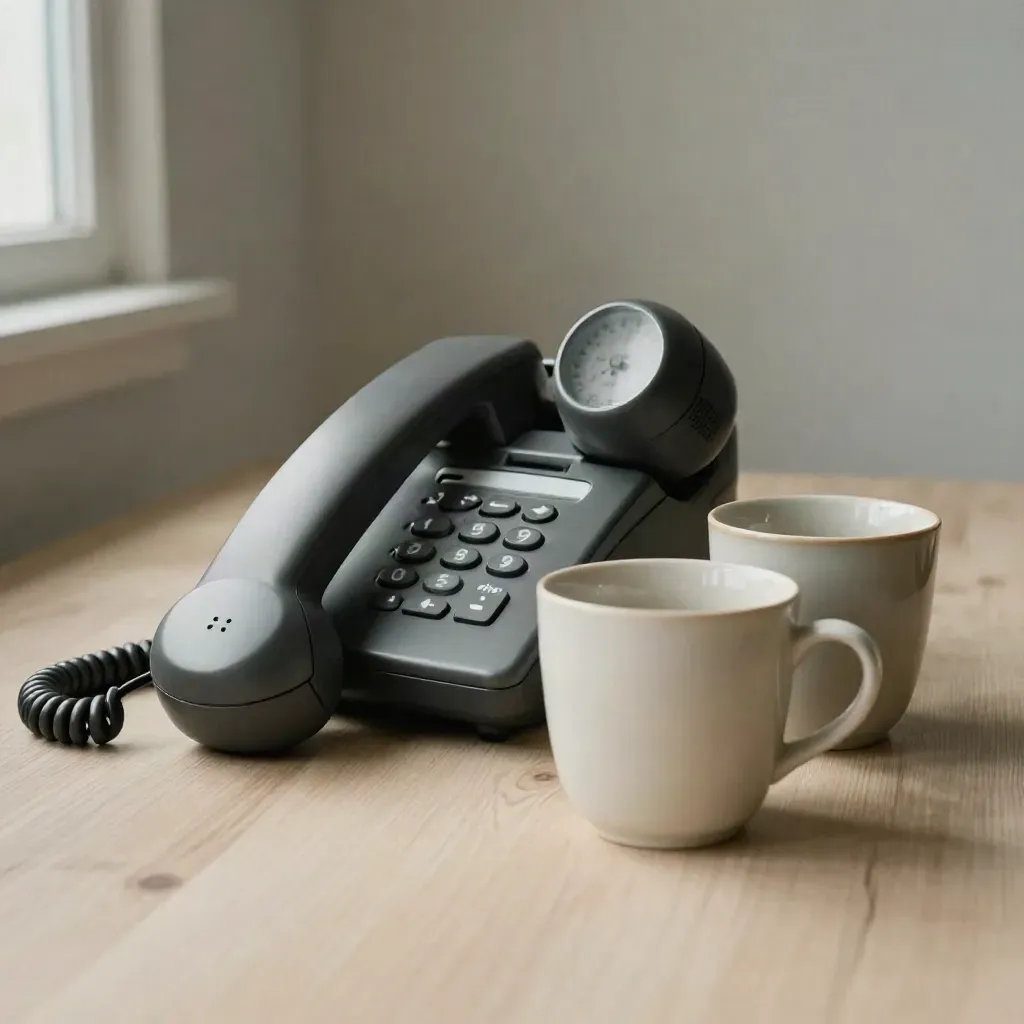 Słuchawka telefonu, dwie ceramiczne filiżanki i timer na jasnym drewnianym blacie.
