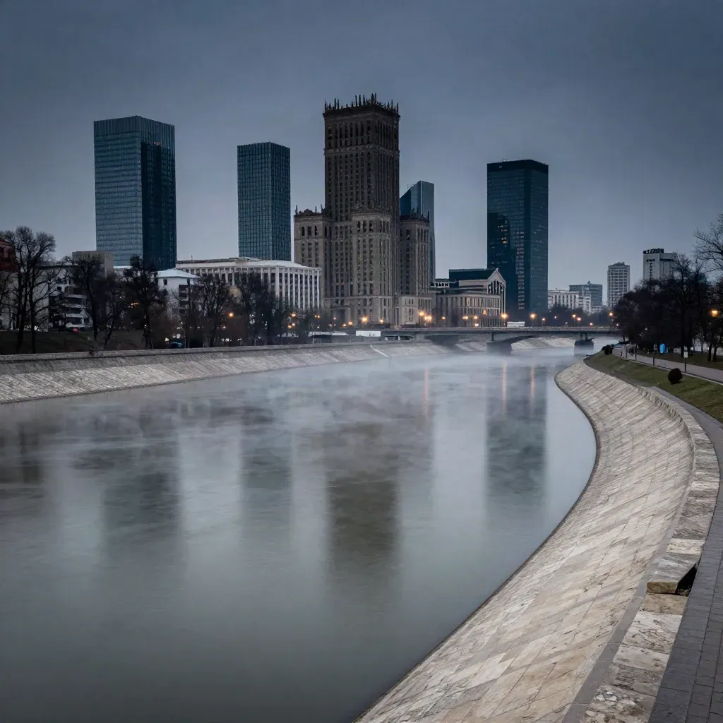 Panorama Wisły i Warszawy o zmierzchu z mgłą nad wodą