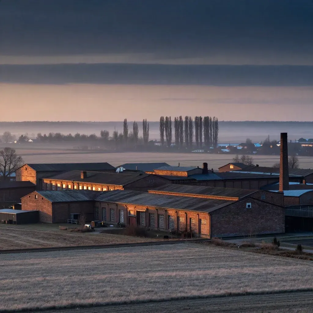 Łódzkie: ceglana panorama przemysłowa i pola w wieczornej mgle.