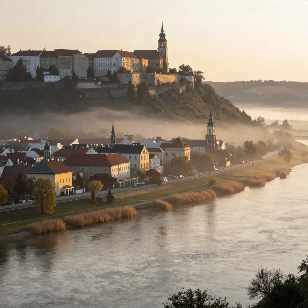 Kraków nad Wisłą o świcie, zamek i dachy w złotej mgle nad spokojnym horyzontem.
